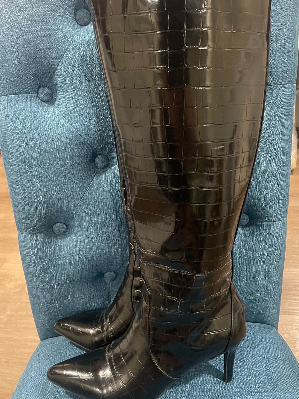 Worthington Black Croc-Embossed Over-the-Knee Pointed Toe Stiletto Boots